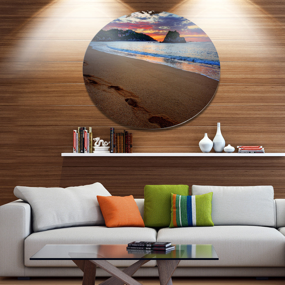 Trodden Sand On Ocean Beach, Seashore Round Metal Wall Art, 36"