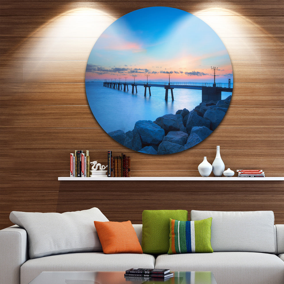 Bluish Rocky Seashore With Pier, Sea Bridge Round Wall Art, 36"