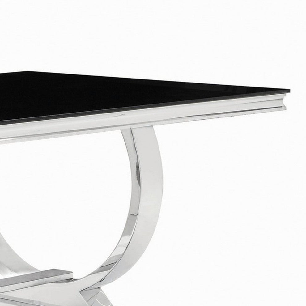 Benzara BM242094 Dining Table With Glass Top and Trestle Base, Black and Chrome