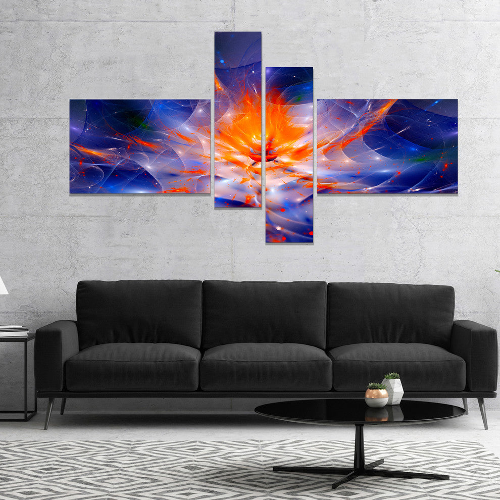Colorful Glowing Space Flower Fractal, Large Floral Wall Art, 60"x32", 4 panels