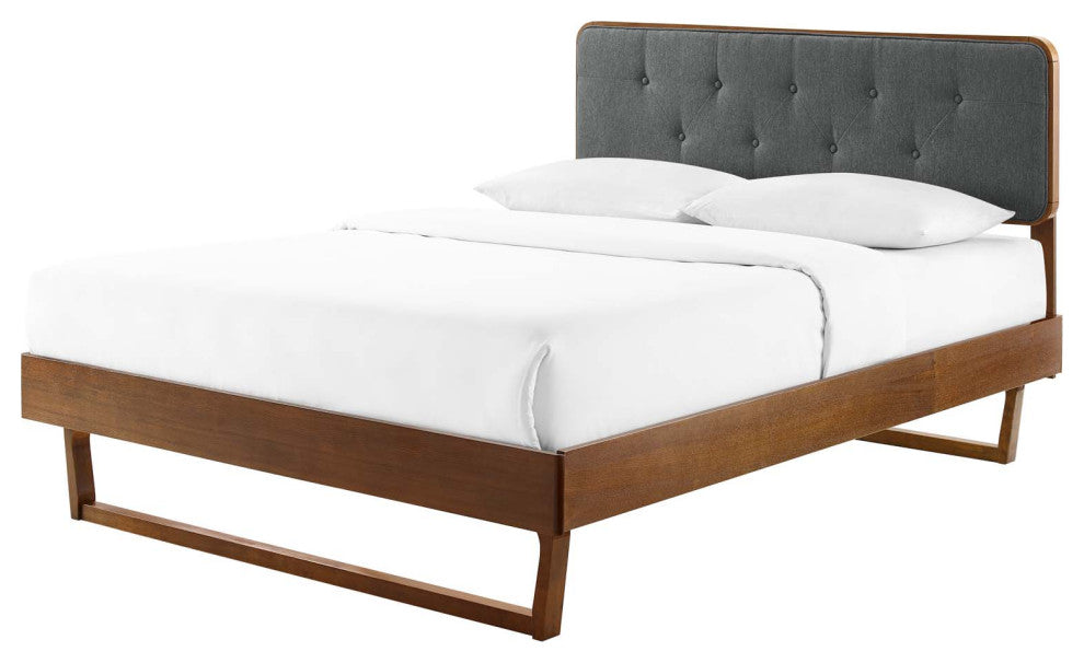 Platform Bed Frame, Full Size, Wood, Brown Walnut Grey Gray, Modern Contemporary