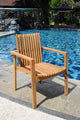9-Piece Outdoor Teak Dining Set: 72" Round Table, 8 Clip Stacking Arm Chairs
