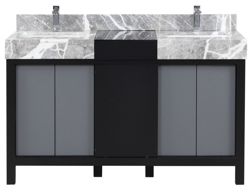 55" Double Vanity, Marble Tops, White Square Sinks, And Monte Chrome Faucet Set