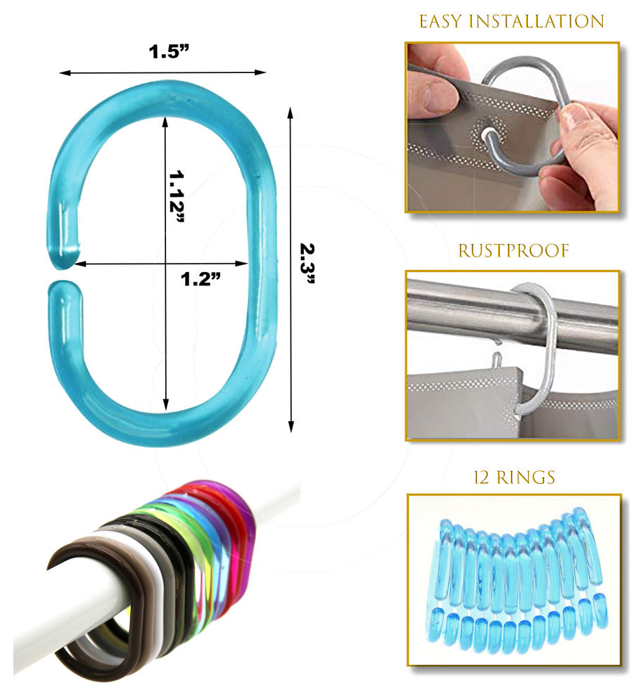 Shower Curtain Rings Plastic Hooks Solid or Clear Colors Set of 12, Clear Turquoise Blue