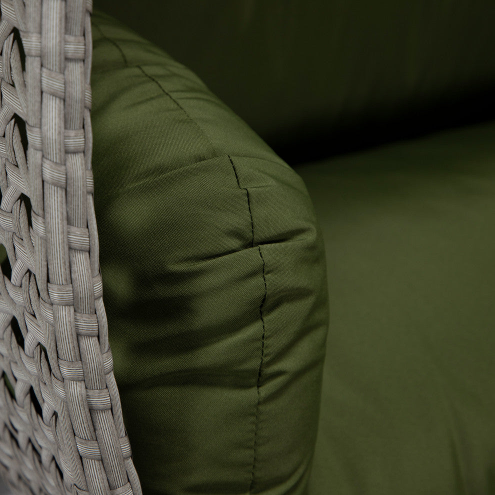 LeisureMod Mendoza Light Gray Wicker Hanging Double Egg Swing Chair, Dark Green