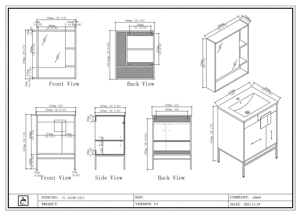 Kuro Contemporary White Bathroom Vanity, 24"