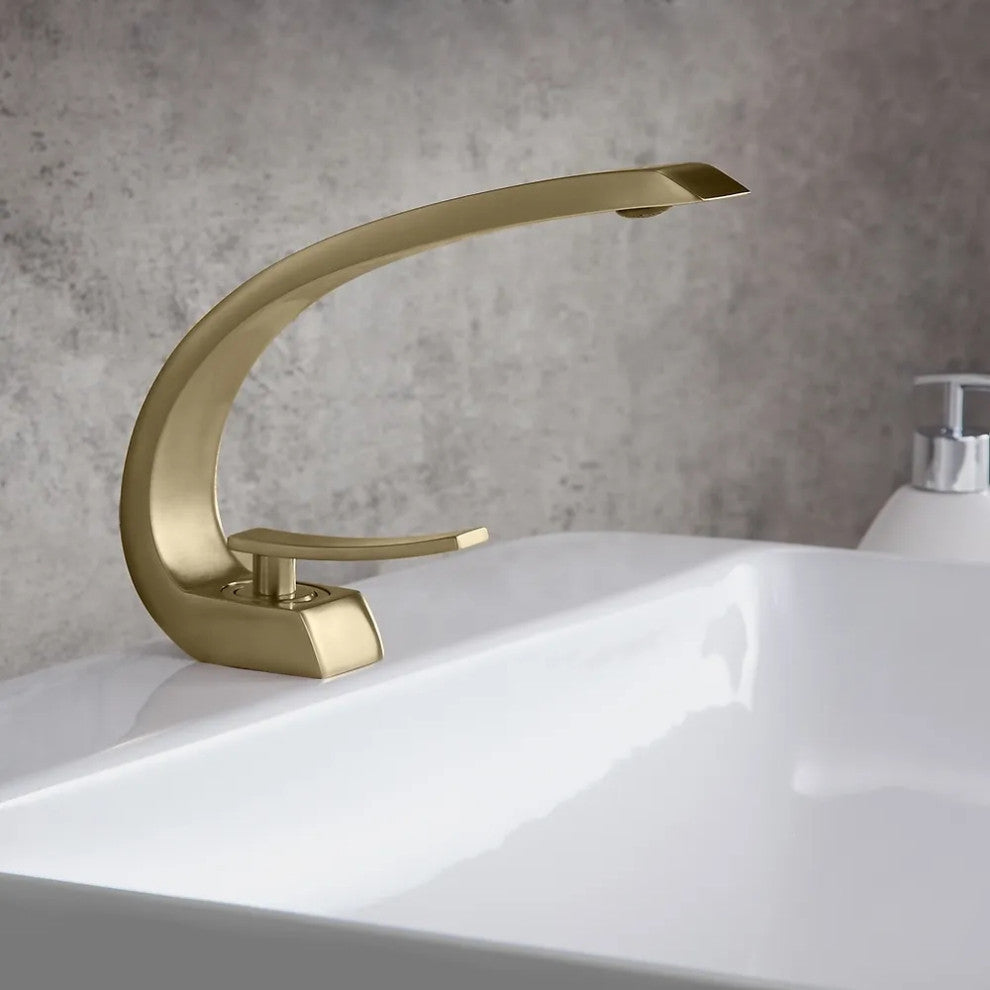 Single Hole 1-Handle Bathroom Sink Faucet Curved Spout with Pop Up Drain, Brushed Gold