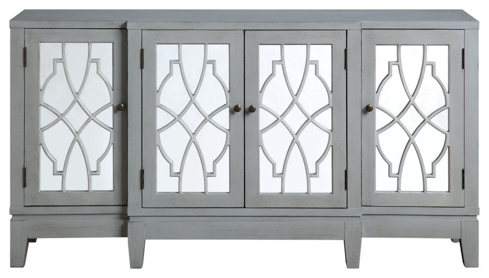 Benzara BM251334 Console Table With 4 Glass Doors and Geometric Front, Gray