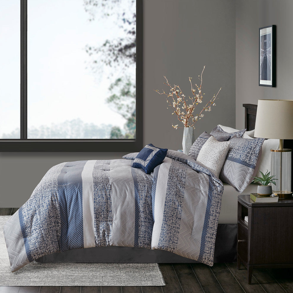 Madison Park Rhapsody Jacquard Stripe Mosaic 7-Piece Comforter Set, Navy Blue