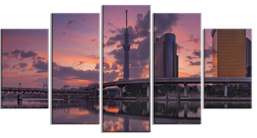 Tokyo Sky Tree and Sumida River, Landscape Canvas Art Print, 60"x32", 5 Panels