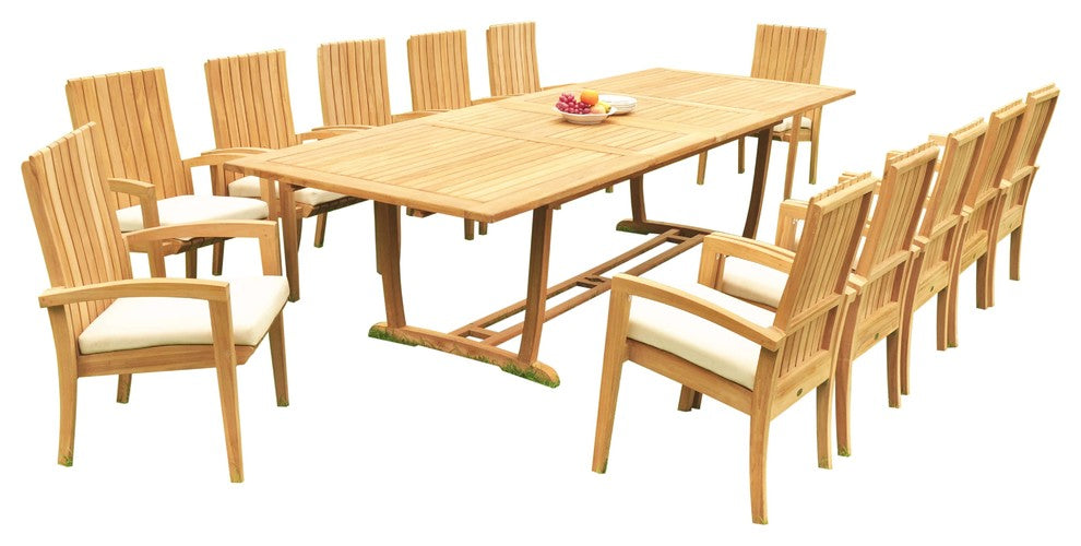 13-Piece Outdoor Teak Dining: 117" Masc Rectangle Table, 12 Goa Stacking Chairs