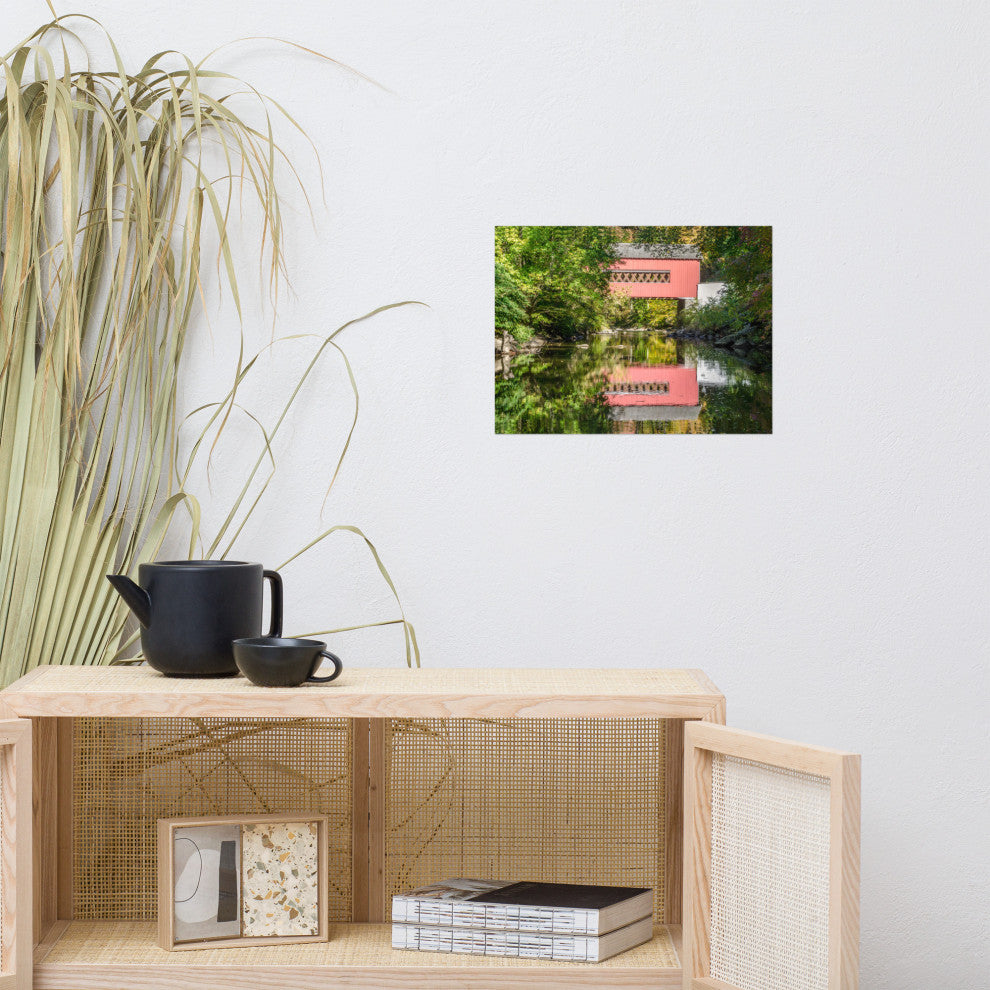 The Reflection of Wooddale Covered Bridge Unframed Wall Art Print, 12" X 16"