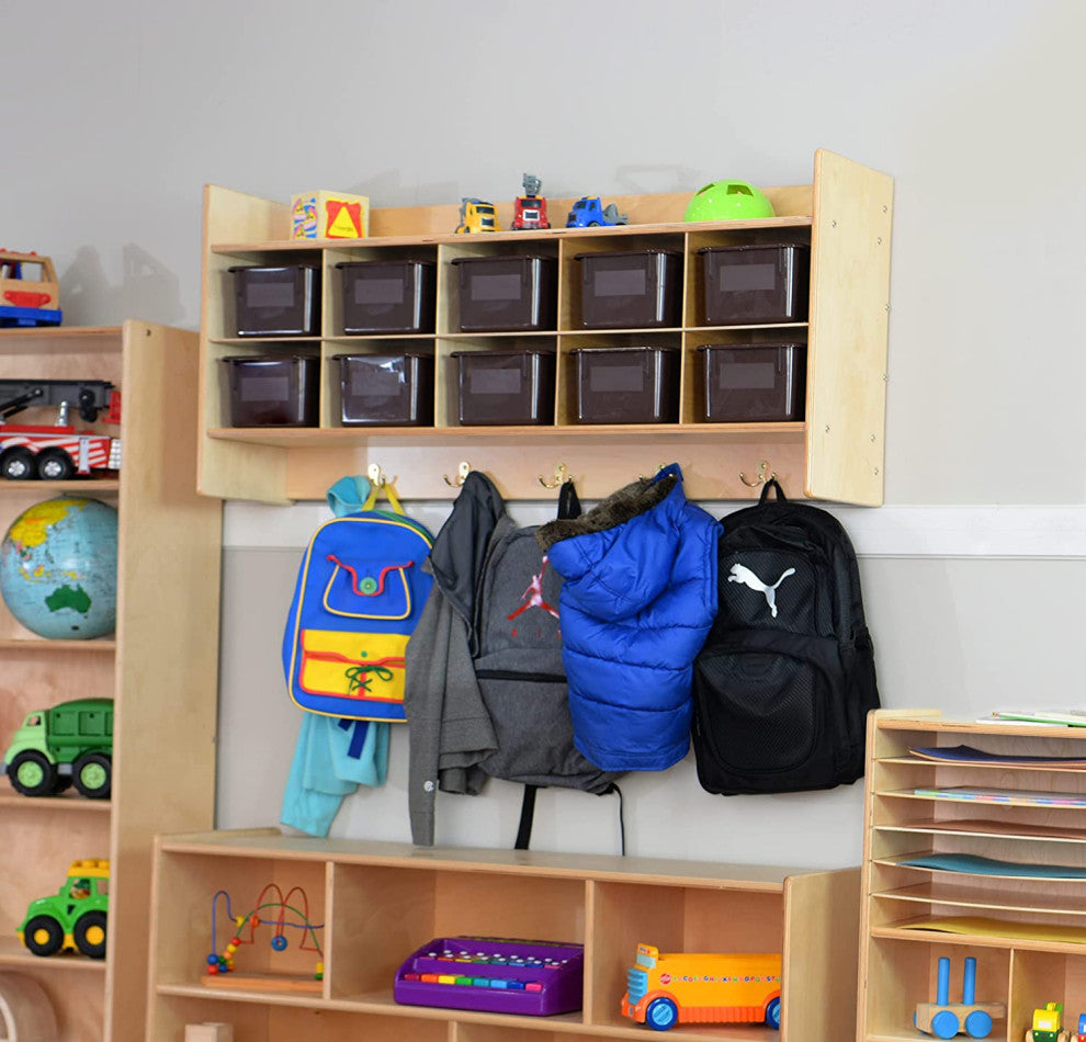 10 Section Wood Cubbies Storage, Brown Bins, Wall Hanging Organizers