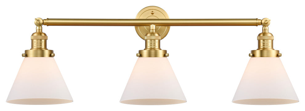 Large Cone 3 Light Bath Vanity Light, Satin Gold, Matte White