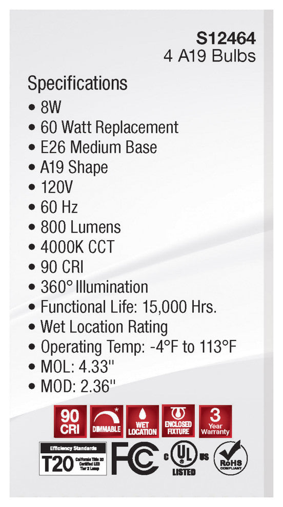 8W A19 LED, Clear, 4000K, Medium Base, 120V, 4-Pack
