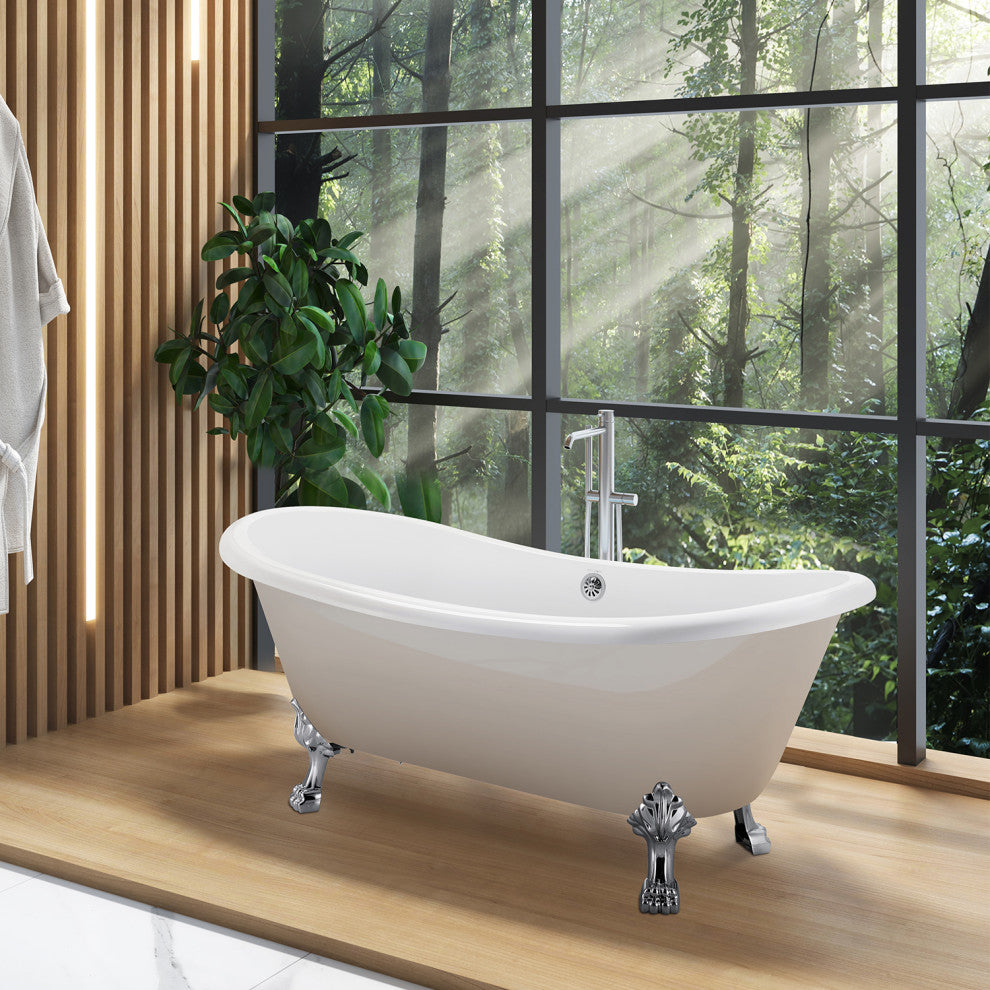 GivingTree 67" Acrylic Clawfoot Tub for Bathroom, Glossy White Soaking Tub