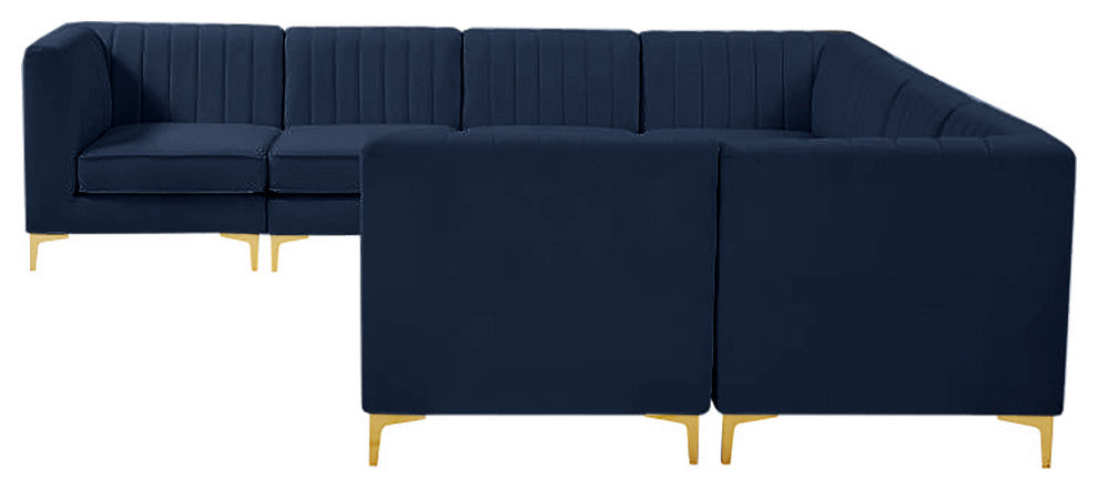 Alina Velvet Modular U-Shaped Sectional, Navy, 8-Piece: 5 Armless Chair, 3 Corner Chair