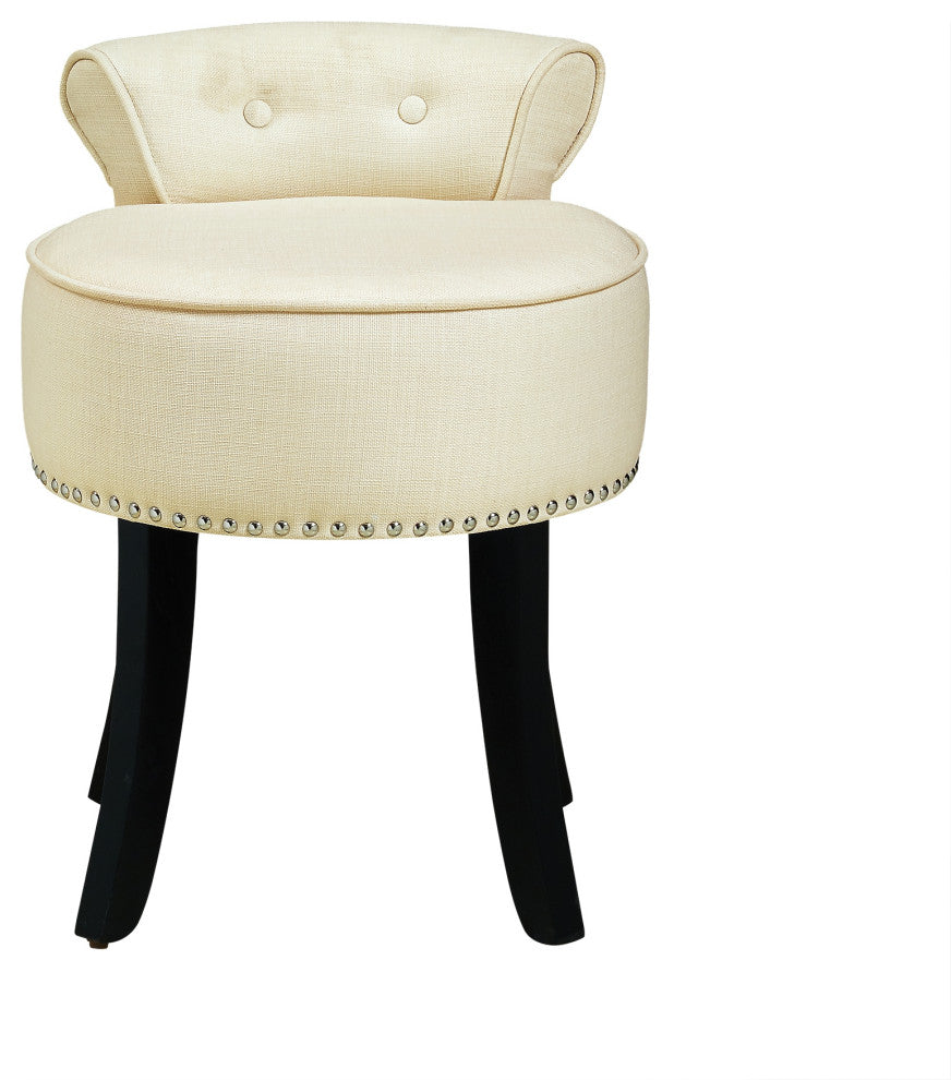 Ludovic Linen Contemporary Nailhead Trim Rolled Back Vanity Stool, Cream White