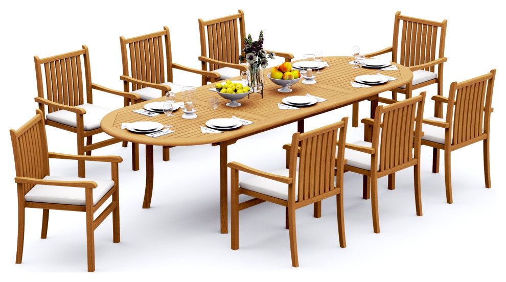 9-Piece Outdoor Teak Dining Set, 117" Oval Table, 8 Cahyo Stacking Arm Chairs
