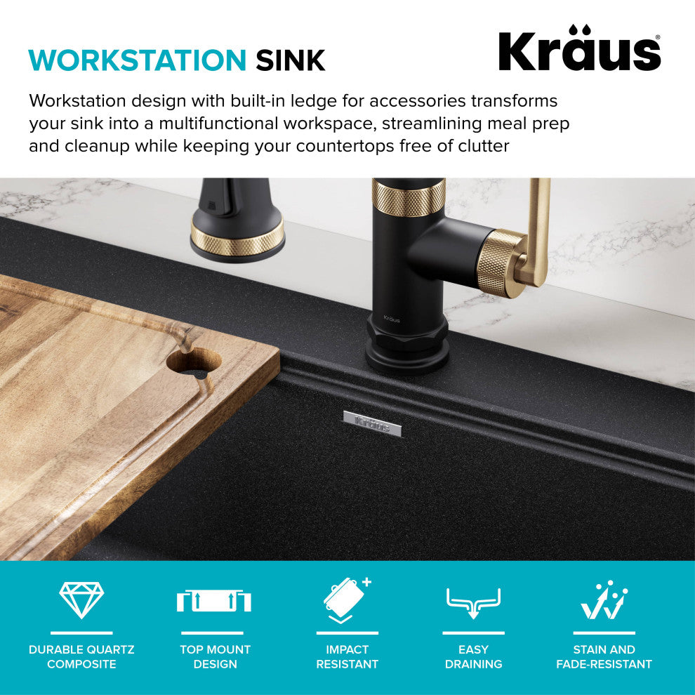 KRAUS Bellucci 33" Workstation Drop, Farmhouse Granite Kitchen Sink MBL