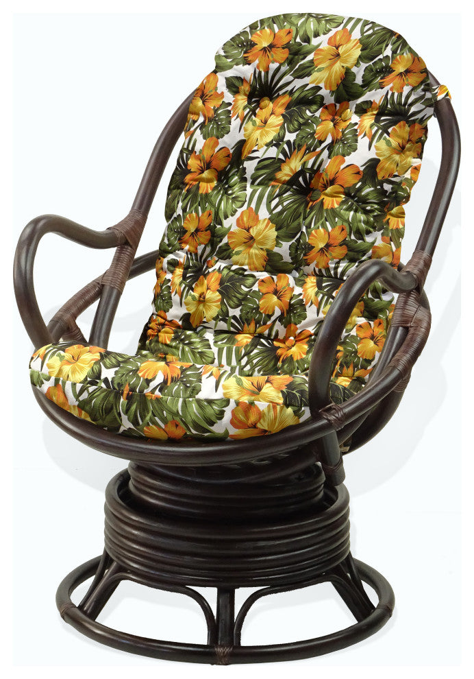 Java Lounge Swivel Rocking Chair Rattan Wicker, Dark Brown, Floral Cushion