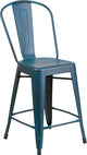 24" High Distressed Kelly Blue-Teal Metal Counter Stool With Back