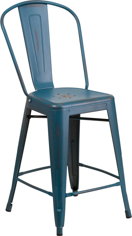 24" High Distressed Kelly Blue-Teal Metal Counter Stool With Back