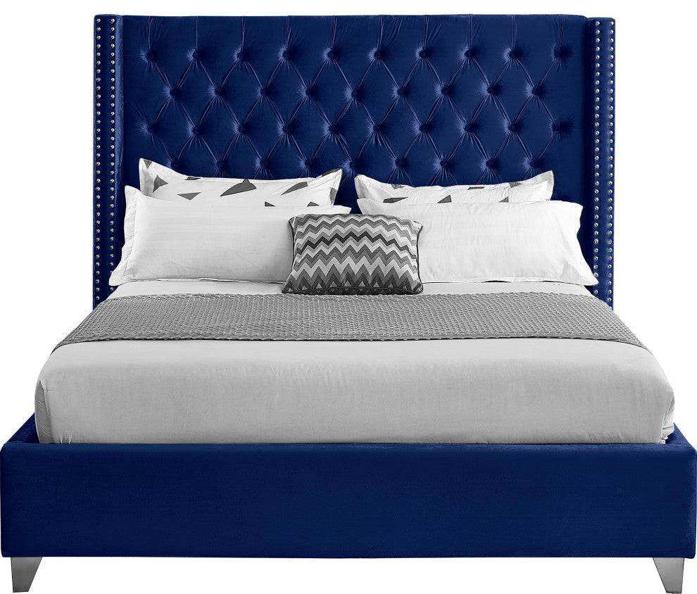 Ames Velvet Bed, Navy, Queen