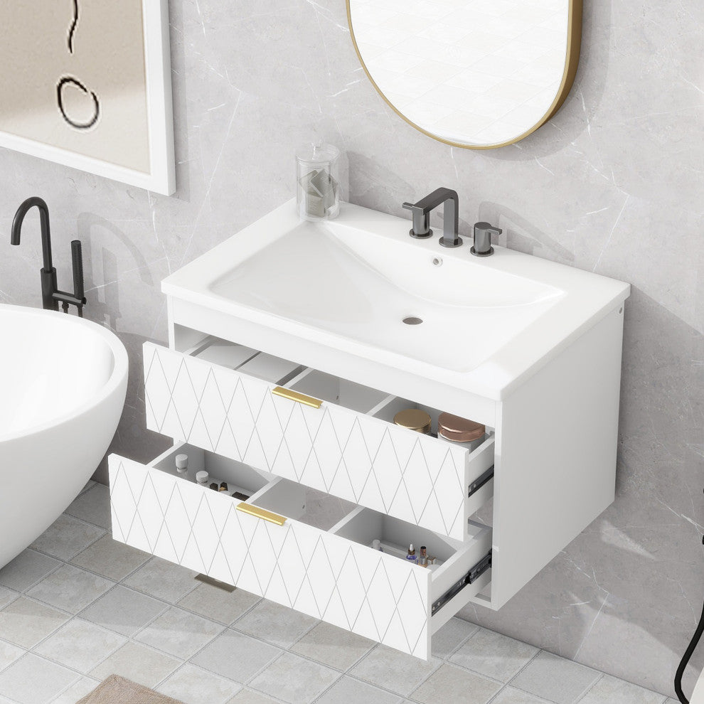 30'' Floating Bathroom Vanity with Resin Sink,Mounted Bathroom Storage Cabinet, White