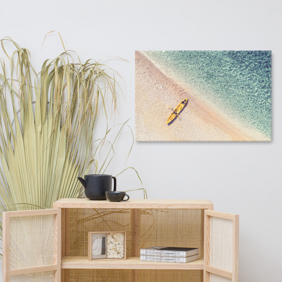 Yellow Canoe and Blue Sea by with Soft Violet Effect Canvas Wall Art Prints, 24" X 36"
