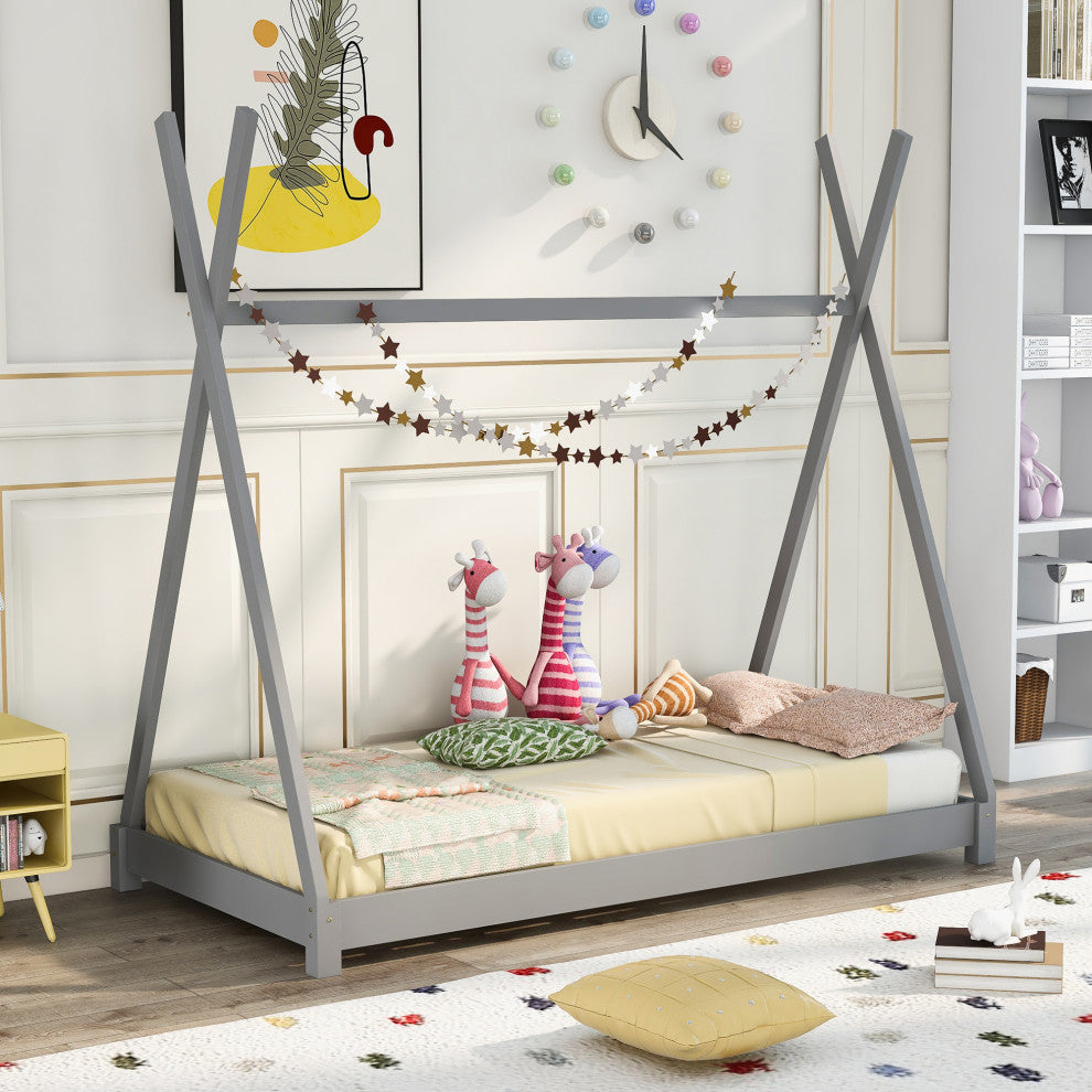 Gewnee Twin Size House Platform Bed with Triangle Structure,Gray