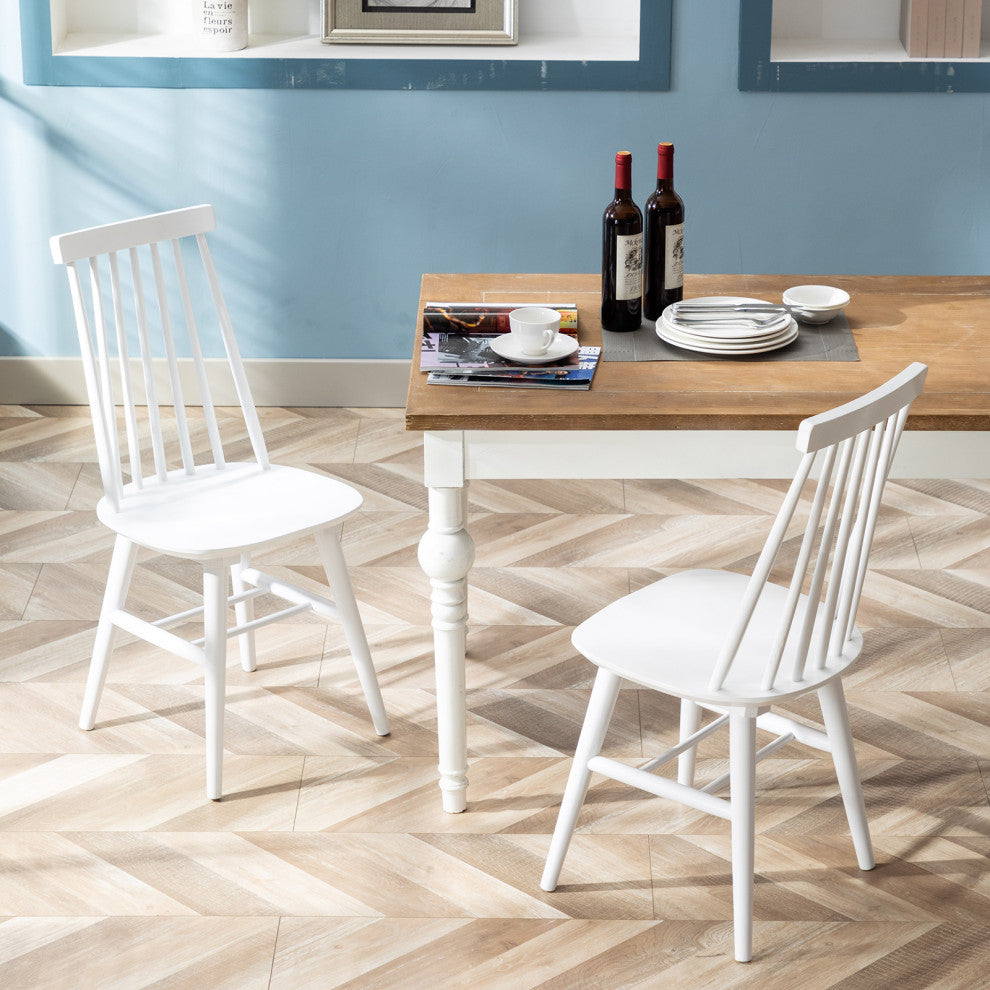 Set of 2 Farmhouse Spindle Wood Windsor Dining Chairs, White