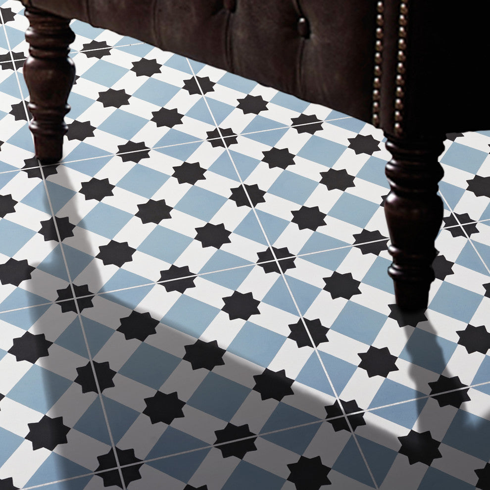 8"x8" Ait Baha Handmade Cement Tile, Black ,Blue, Set of 12