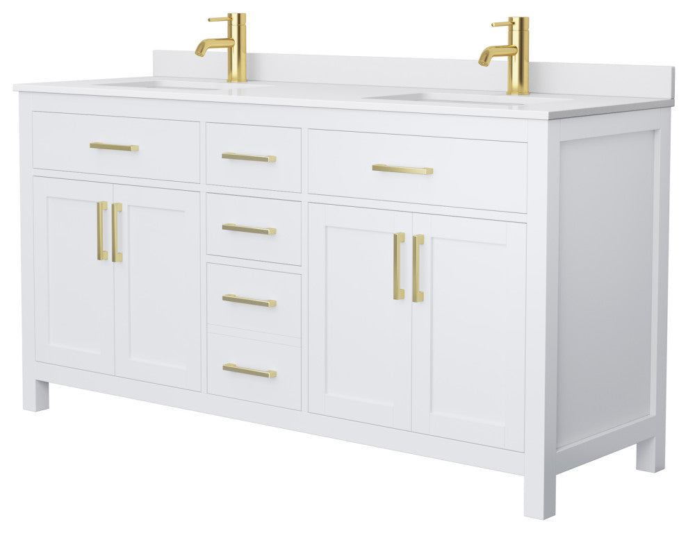 66"DBL Bathroom Vanity, White, White Cult. Marble Countertop, Sinks, Gold Trim