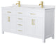 66"DBL Bathroom Vanity, White, White Cult. Marble Countertop, Sinks, Gold Trim