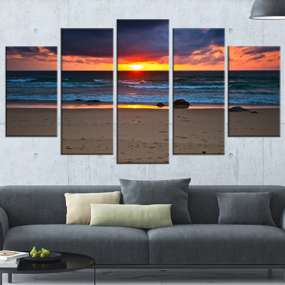 "Dramatic Colorful Sky Over Beach" Seashore Wall Art, 5 Panels, 60"x32"