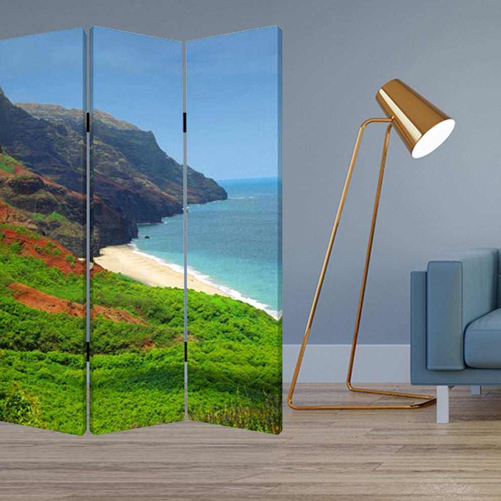 1" x 48" x 72" Multi Color Wood Canvas Hawiian Coast Screen