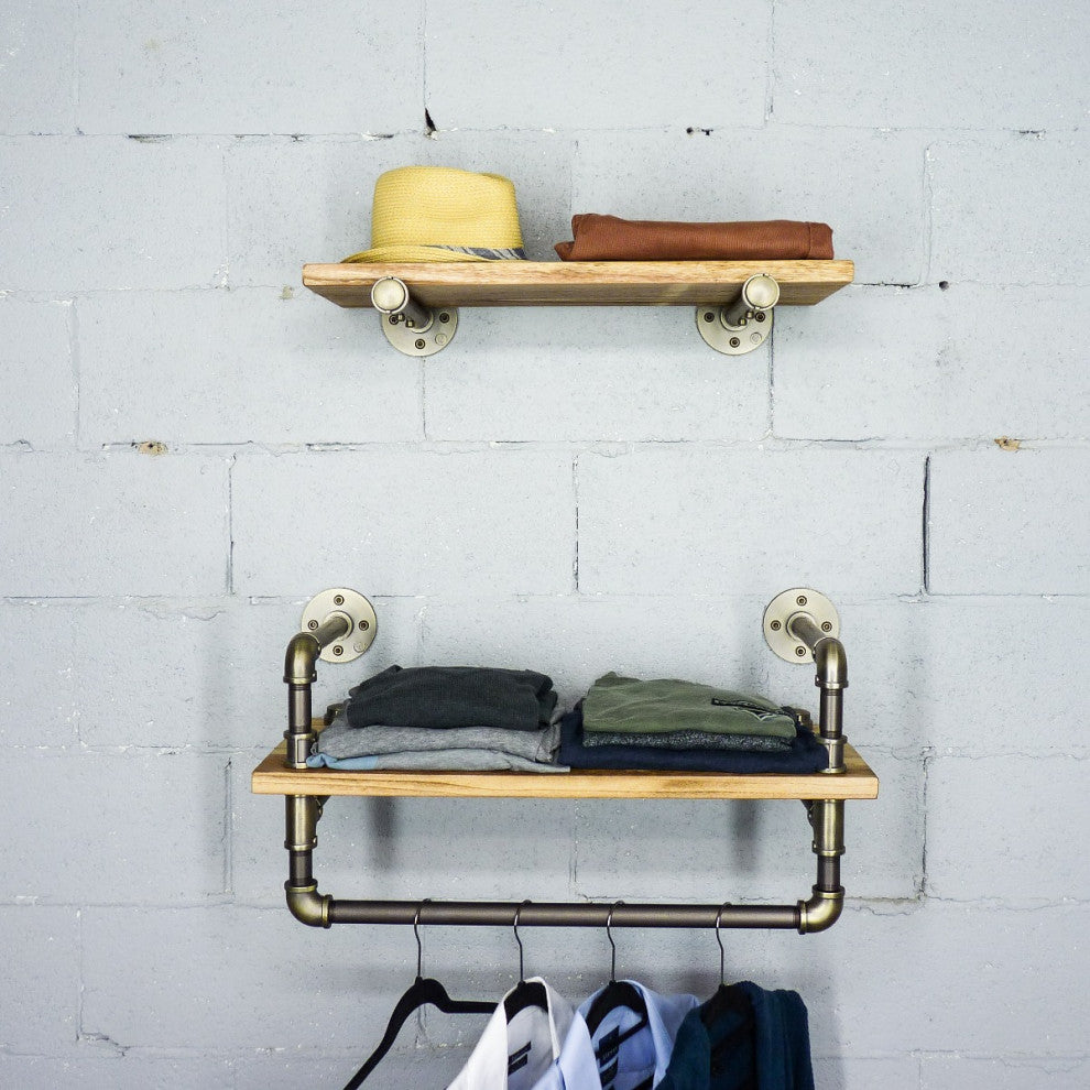Austin Farmhouse Industrial 24" and 27" Wide 2-Piece Shelf Rack, Brushed Brass
