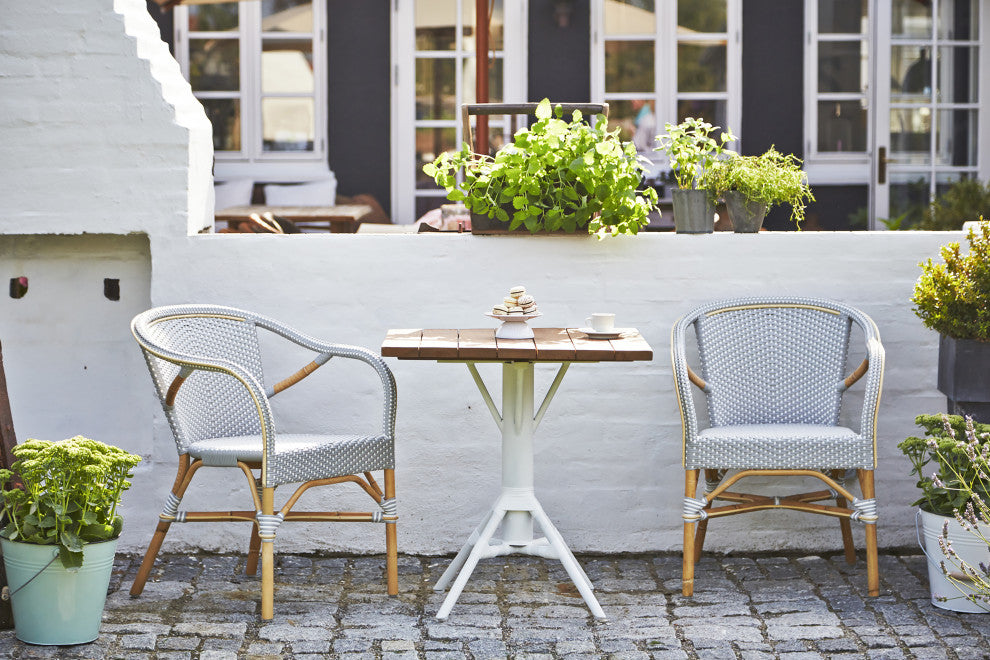 Nicole Outdoor Cafe Table, White Base, 28" Square Teak Top