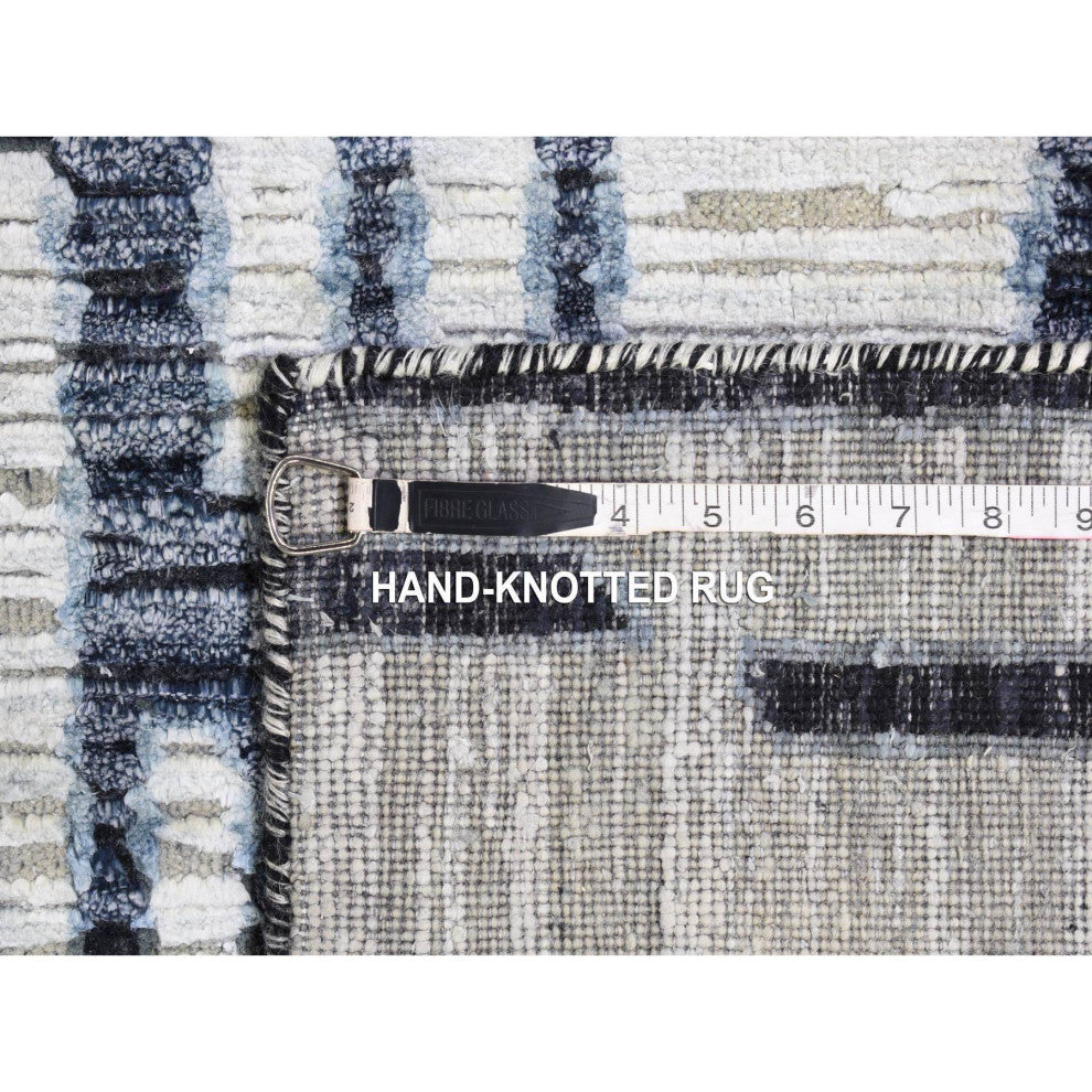 Black and White Zig Zag Design Pure Silk and Textured Wool Rug, 9'0" x 12'0"
