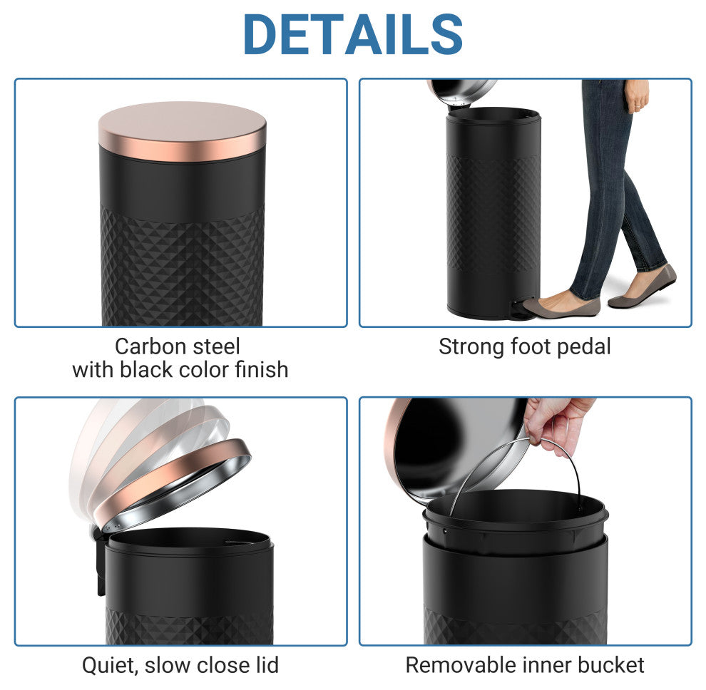 30 liter Black Metal Round Shape Step-on Trash Can Diamond Body