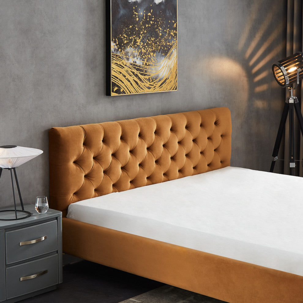 Beverly Mid-Century Modern Tufted Velvet Platform Bed, King