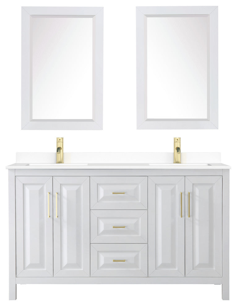 60"DBL Vanity White, White Cult. Marble Countertop, Sinks, 24"Mirrors, Gold Trim