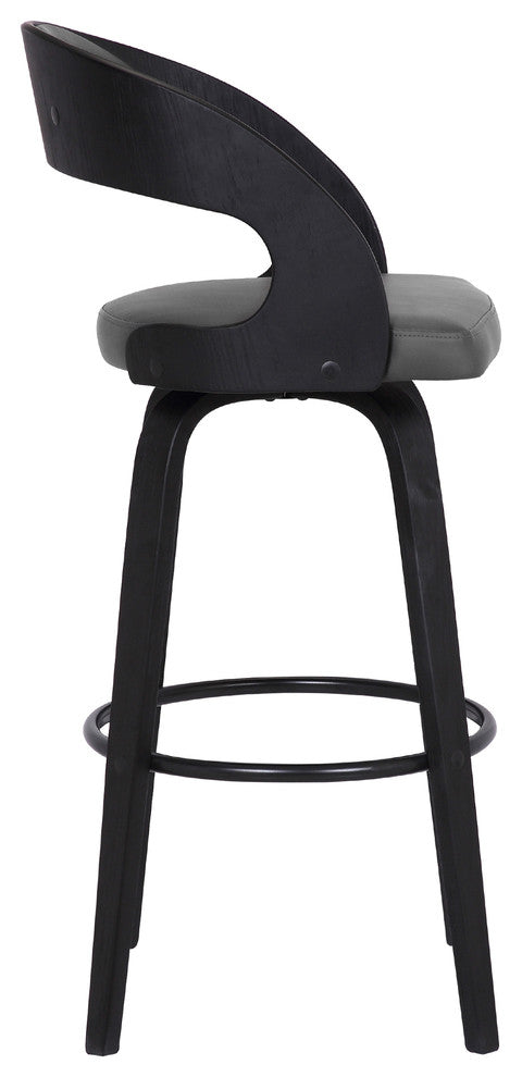 Leaver 26" Swivel Counter Stool, Black Brush Wood Finish and Gray Faux Leather