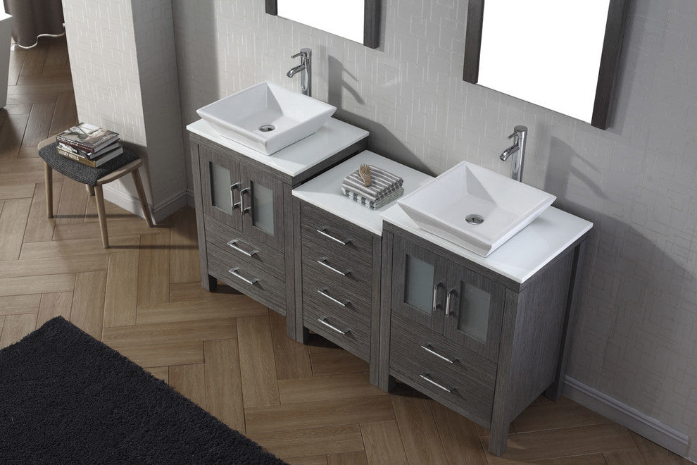 Virtu Dior 66" Double Bathroom Vanity, Zebra Gray With Faucet and Mirrors
