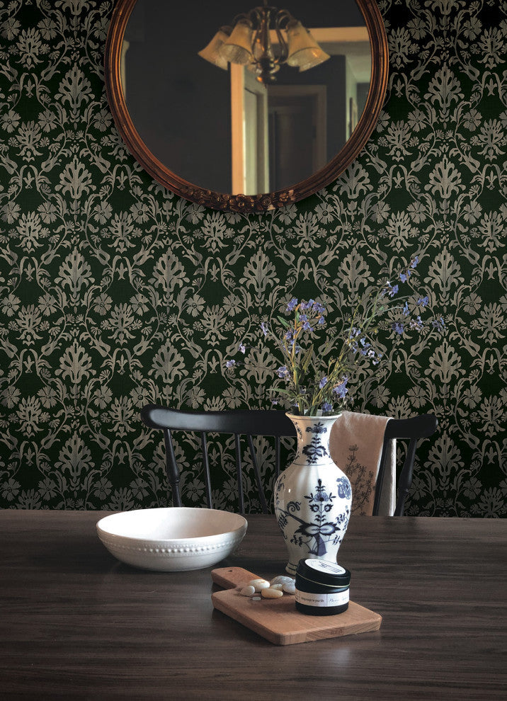 Blooming Damask Deep Green Peel and Stick Wallpaper