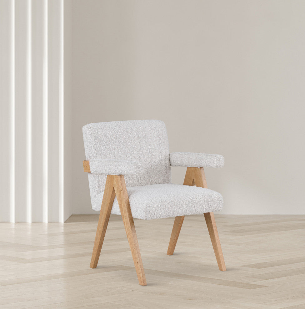 Woodloch Boucle Fabric Upholstered Accent Chair, Cream, Natural Finish