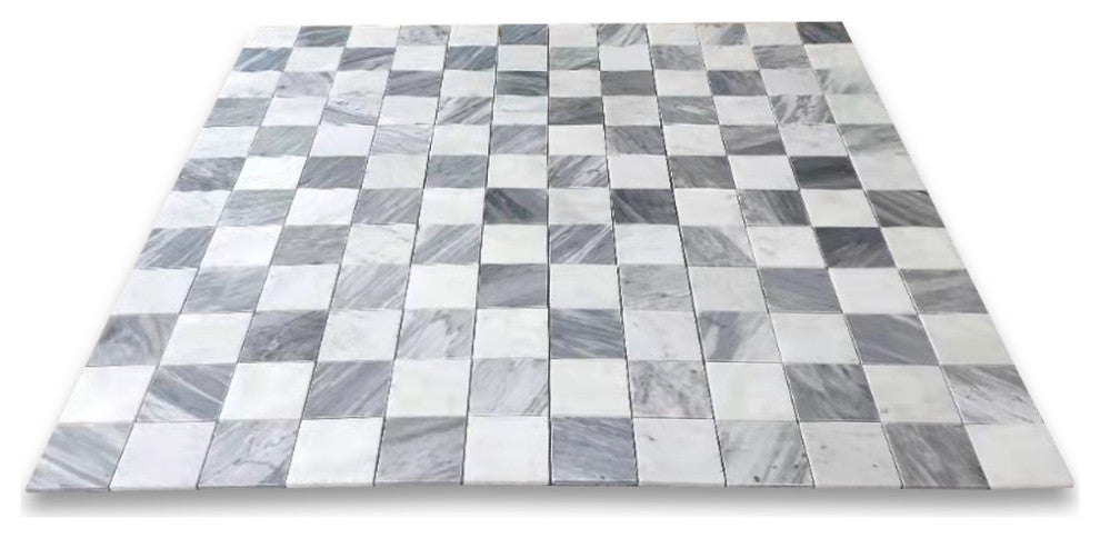 Carrara White Bardiglio Gray 3" Marble Checkerboard Mosaic Tile Polish, 1 sheet