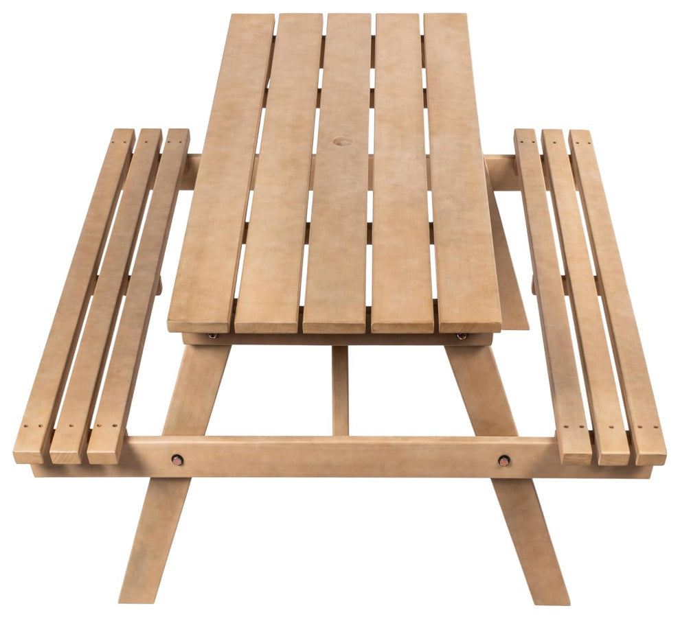 Eucalyptus Wood Outdoor Dining Set with Table, Umbrella Hole and Benches, Light Teak