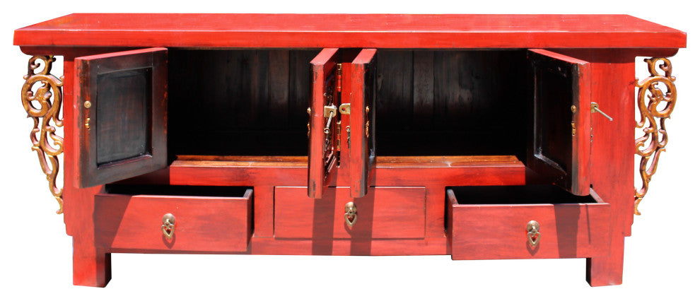 Chinese Distressed Red Dragon Motif TV Console Table Cabinet Hcs5728